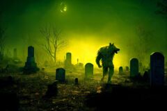 Ein Werwolf läuft bei Nacht über einen Friedhof