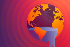 Abbildung der Erde, die Wasser verliert,  vor rotem Hintergrund