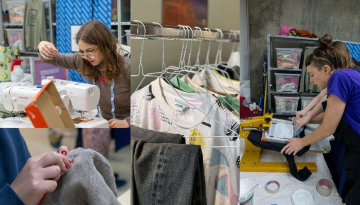 Foto zeigt mehrere Bereiche aus der Mode, z.B. eine Frau an der Nähmaschine, eine nähende Hand, ausgestellte Kleidungsstücke zum Tauschen