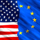 Eine Collage aus der USA-Flagge und der Europäischen Flagge. Links im Bild die USA Flagge bis zur Bildmitte, rechts davon die Europaflagge. Beide Flaggen sind nur bis etwa zur Hälfte sichtbar und ergeben als Ganzes eine zweigeteilte Flagge.