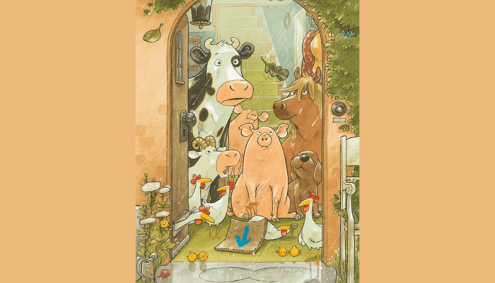 Illustration von Einer Kuh (Lieselotte) mit weiteren Tieren, die in einem Hauseingang stehen und draußen den Regen anschauen.