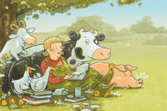Illustration von Bauernhoftieren und einer Frau, die ein Buch vorliest.