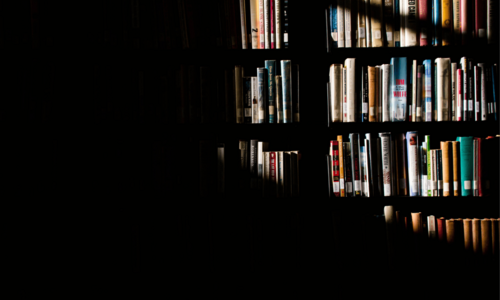 Ein Bücherregal, von dem die Hälfte im Schatten liegt