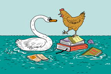 Comiczeichnung, ein Huhn steht auf einem Stapel Bücher, ein Schwan schwimmt daneben