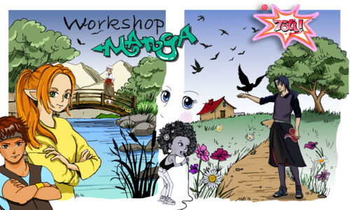 Zeichnung zweier Landschaften mit Figuren im Manga Stil