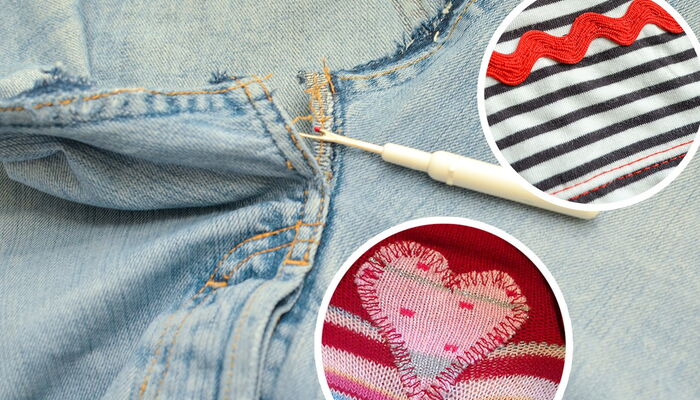 aufgetrennte Jeans und Pullover mit Herz-Flicken