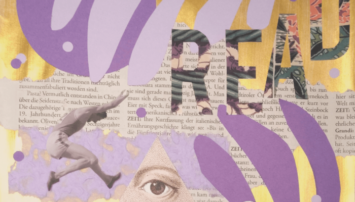 Collage aus verschiedenen Text- und Bildschnipseln in gelb und lila
