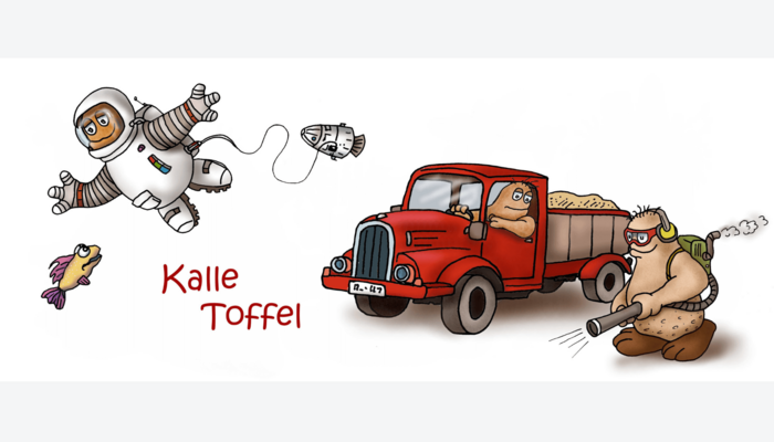 Illustration Kalle Toffel als: Astronaut, Fahrer und mit Laubbläser