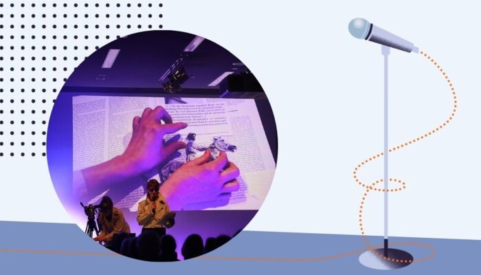 Hände auf Leinwand 2 Damen auf Bühne und ein gemaltes Mikrofon