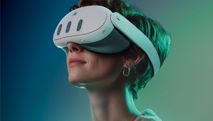Das Bild zeigt vornehmlich das Gesicht einer Frau, die eine VR-Brille trägt und dabei ihren Kopf leicht nach oben hebt. Sie lächelt. Der Hintergrund zeigt einen Farbverlauf von links (dunkelblau) nach rechts (helles grün).
