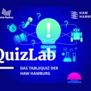 "QuizLab" Das Tablequiz der HAW Hamburg und das Logo der Bücherhallen Hamburg und der HAW.