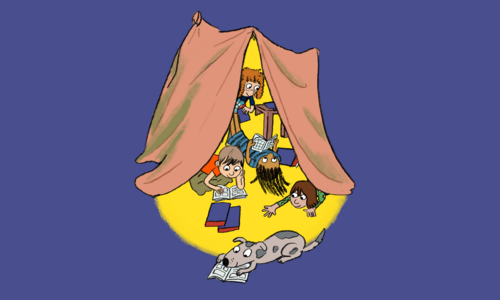 Comiczeichnung eines Zeltes mit spielenden Kindern