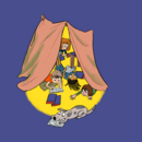 Comiczeichnung eines Zeltes mit spielenden Kindern