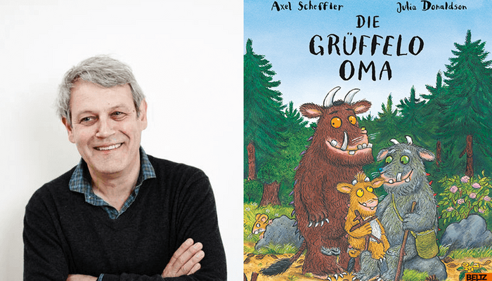 Eine Collage: links ist ein Foto des Illustrators Axel Scheffler zu sehen, auf dem er lächelnd zur Seite blickt. Rechts das Cover des Kinderbuchs: "Die Grüffelo Oma".