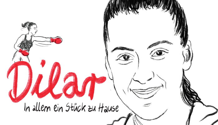 Eine Art Kohlezeichnung vom Gesichtsportrait der Boxerin Dilar Kisikyol. Links neben ihrem Gesicht steht in roter Schreibschrift "Dilar" geschrieben. Darüber eine kleine Zeichnung von Dilar beim Boxen.