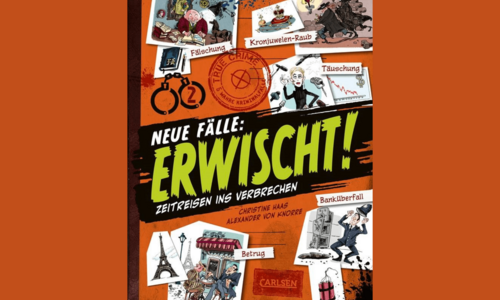 Buchcover "Neue Fälle: Erwischt! Zeitreise ins Verbrechen" in Rot mit kleinen Karikaturen von Verbrechen.