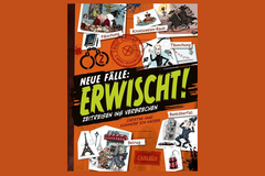 Buchcover "Neue Fälle: Erwischt! Zeitreise ins Verbrechen" in Rot mit kleinen Karikaturen von Verbrechen.