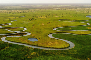 Ein verschlungenes Flusssystem in einer flachen Binnenlandschaft.