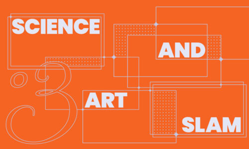 orangenes Bild auf dem Science And Art Slam steht, auseinander gezogen und mit geomtrischen Figuren