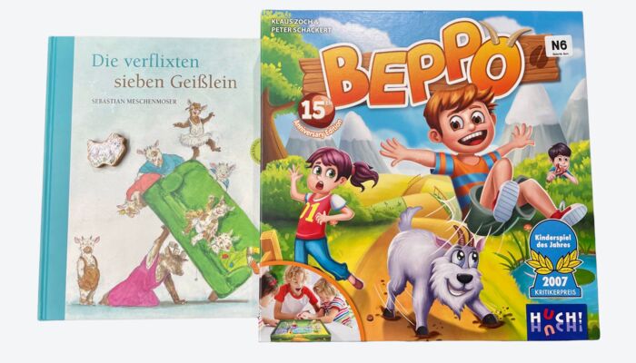 Buchcover "Die verflixten sieben Geißlein" und Spiel "Beppo"