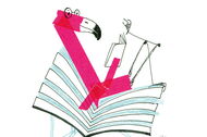 Illustration: Ein Flamingo sitzt im Logo der Bücherhallen und liest ein Buch