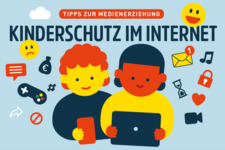 Illustration: Kind vor einem Banner mit mobilen Geräten