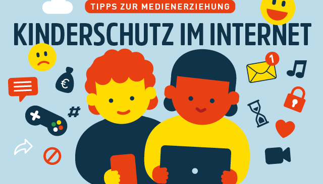 Illustration: Kind vor einem Banner mit mobilen Geräten