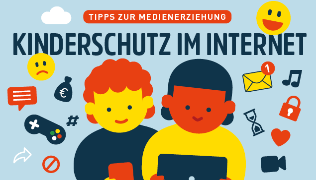 Illustration: Kind vor einem Banner mit mobilen Geräten