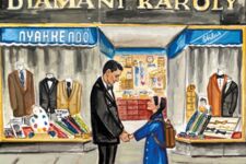 Gezeichnetes Buchcover, ein Mann und ein Mädchen halten sich an den Händen