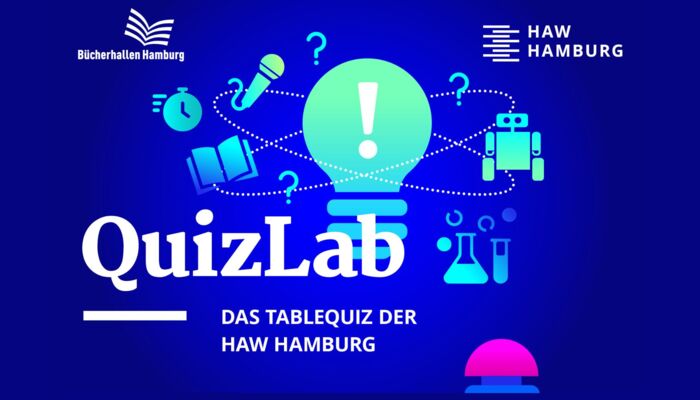 "QuizLab" Das Tablequiz der HAW Hamburg und das Logo der Bücherhallen Hamburg und der HAW.