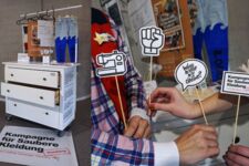 Foto zeigt zwei Bilder, eines mit weißer Kommode und eines auf denen Mini-Schildchen hochgehalten werden mit Kampagne Saubere Kleidung