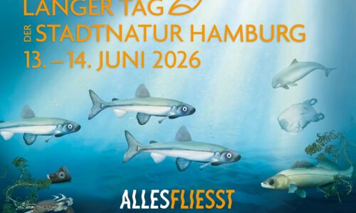 Text "Langer Tag der Stadtnatur Hamburg, 13.-14- Juni 2026, Alles fließt. im Hintergrund: Meer mit Fischen und Plastikmüll.