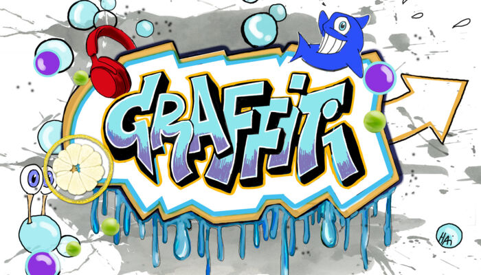 bunt gemaltes Bild mit Graffiti-Schriftzug in der Mitte