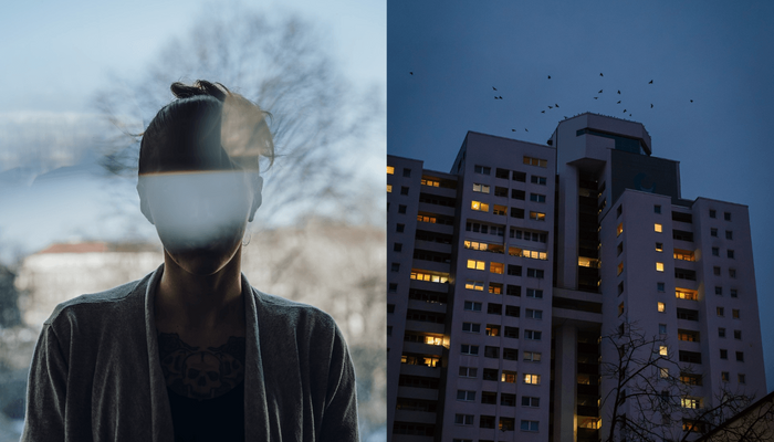 Eine Collage aus zwei Bildern: links ist die Silhouette einer jungen Frau im Gegenlicht zu sehen, rechts ein Hochhaus in der Abenddämmerung mit beleuchteten Fenstern.
