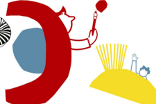 abstrakte Sticker in gelb, rot und grau