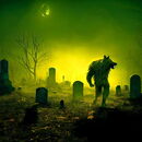 Ein Werwolf läuft bei Nacht über einen Friedhof