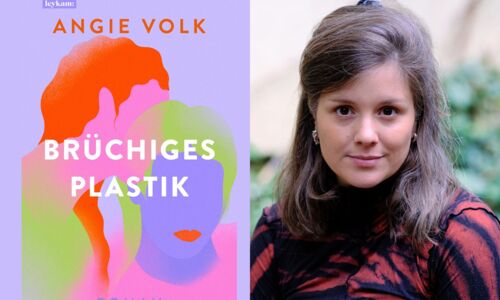 Rechts ist eine Portrait einer Frau mit braunen Haaren (Angie Volk) und links der Roman "Brüchiges Plastik).