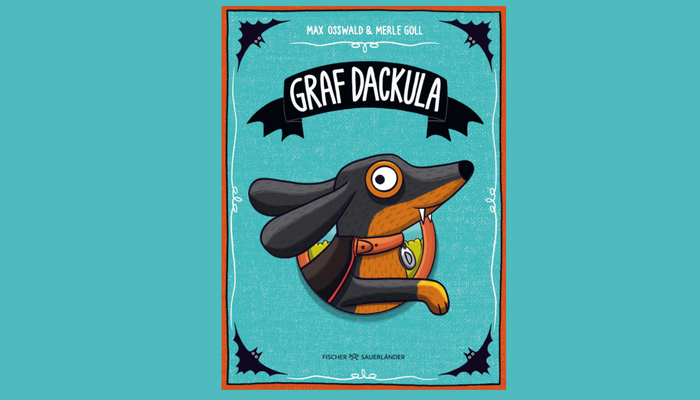 Buchcover "Graf Dackula". Zu sehen ist ein Dackel mit Vampir-Zähnen vor einen blauem Hintergrund.
