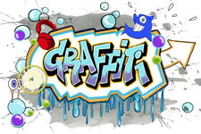bunt gemaltes Bild mit Graffiti-Schriftzug in der Mitte