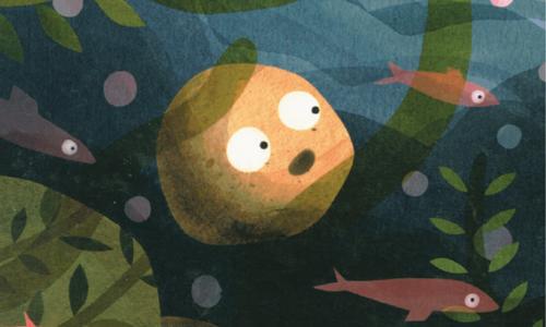 Illustration Stein mit Gesicht, im Wasser