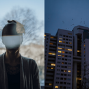 Eine Collage aus zwei Bildern: links ist die Silhouette einer jungen Frau im Gegenlicht zu sehen, rechts ein Hochhaus in der Abenddämmerung mit beleuchteten Fenstern.