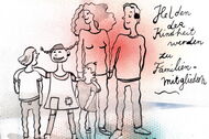 Illustration: Eine Familie mit zwei Kindern und Pippi Langstrumpf