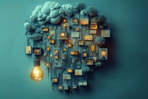 Kreative Darstellung eines Gehirns, das aus einer digitalen Schaltung besteht, mit leuchtenden Elementen, Bildschirmen und Büchern