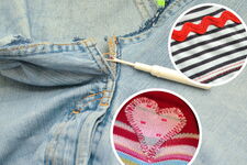 aufgetrennte Jeans und Pullover mit Herz-Flicken