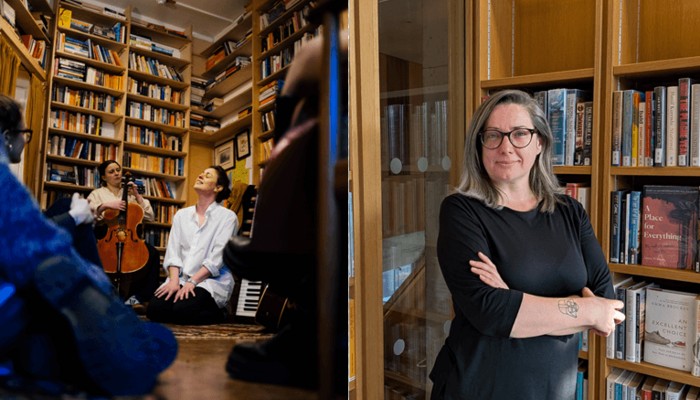 Ein zweiteiliges Bild: auf der linken Seite sind Musiker*innen und Zuhörer*innen in einer Bibliothek zu sehen - auf der rechten Seite eine Bibliothekarin, die vor einem Regal steht.
