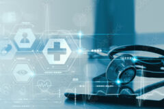 Fotos eines Stethoskop mit Abbildungen von Gesundheitspiktogrammen