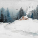gemalte Schneelandschaft, Bäume, Hütte, Schnee