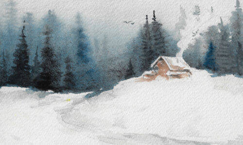 gemalte Schneelandschaft, Bäume, Hütte, Schnee