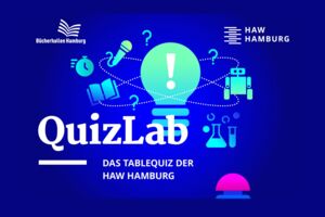 "QuizLab" Das Tablequiz der HAW Hamburg und das Logo der Bücherhallen Hamburg und der HAW.