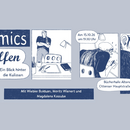 Comic-Zeichnung in blau und weiß.